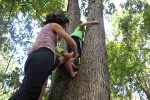 mom helping kids climb trees